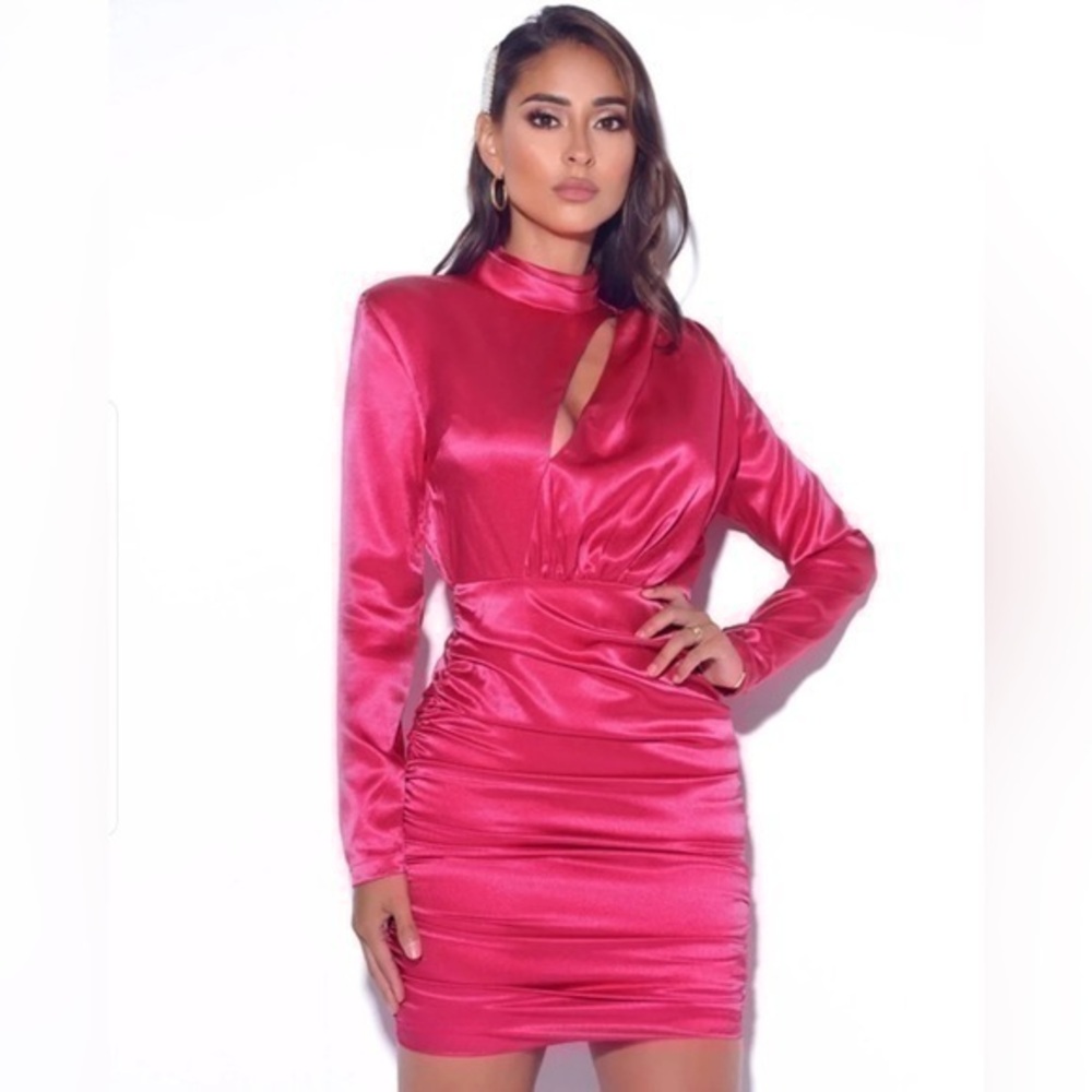 Miss Circle Hot Pink Fucsia Long Sleeve Mini Cocktail Dress Rouched Front Cutout